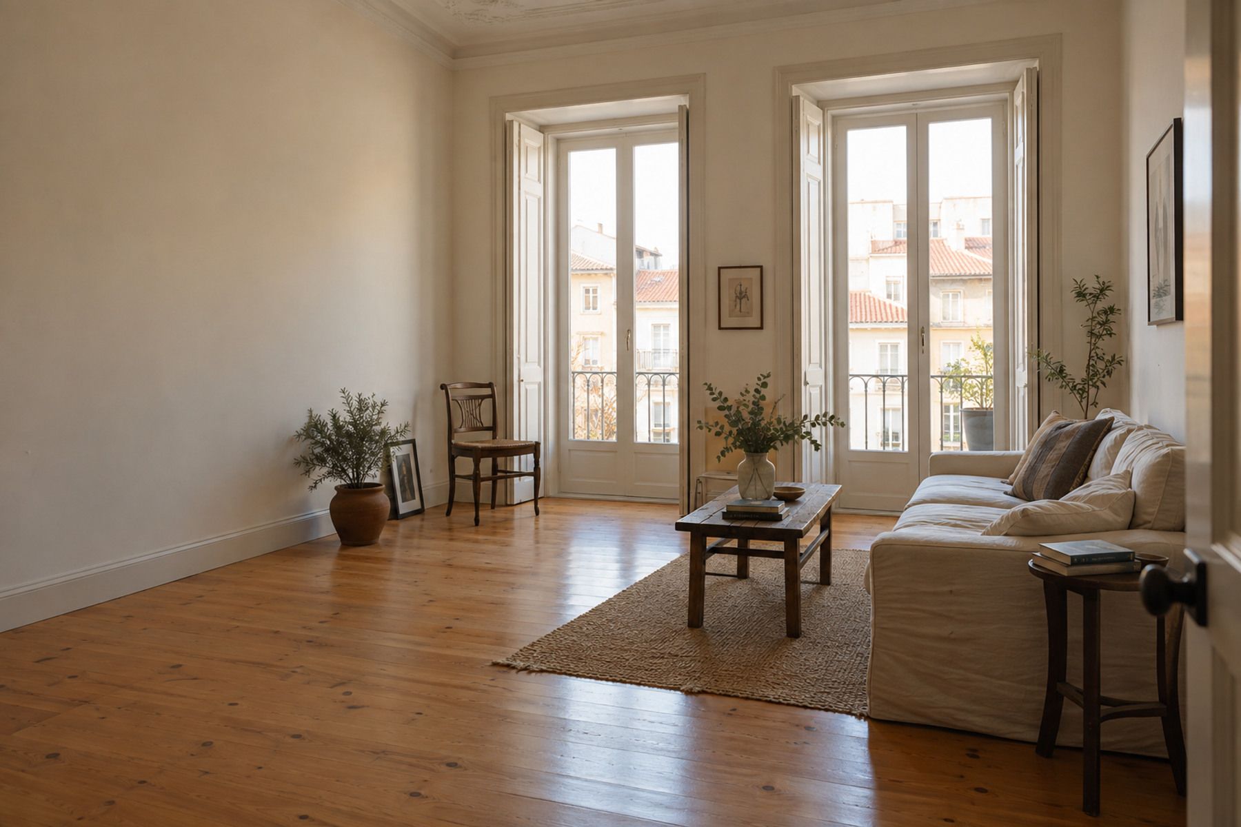 Sala de apartamento renovado em Lisboa com luz natural e mobiliário contemporâneo